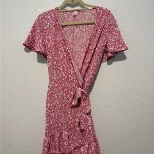 Pink Floral Tie-Waist Midi Dress with Ruffle Hem
